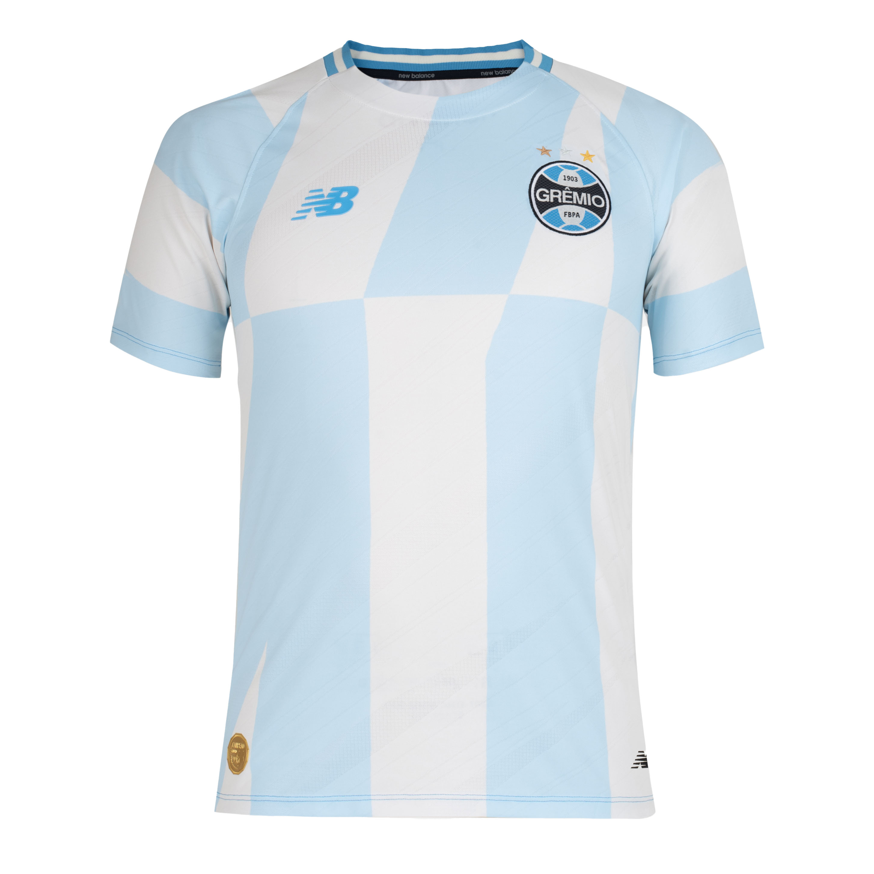 Camisa masculina Grêmio II New Balance branca com design quadriculado azul claro e branco